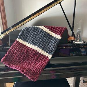 Handmade chunky knit Merlot, charcoal grey and cream baby blanket.